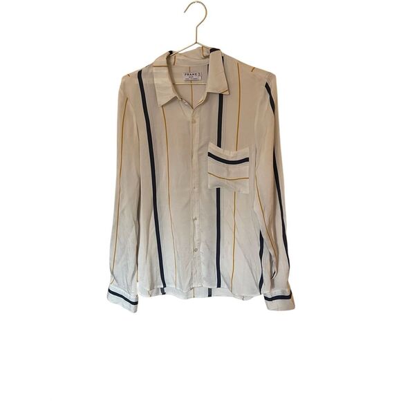 Frame Denim Tops - Frame Top Womens Large White Blue Striped Pocket Button Up Shirt Silk Viscose Bl